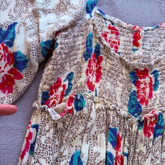 Free People Floral Boho Smocked Mini Dress Balloon Sleeve Size L Whimsical Retro - Picture 13 of 13